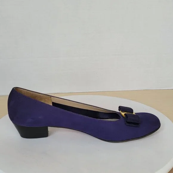 Vintage Salvatore Ferragamo Purple Nubuck Vara Plate Bow Low-Heel Pump Shoes 9AA - Picture 6 of 16